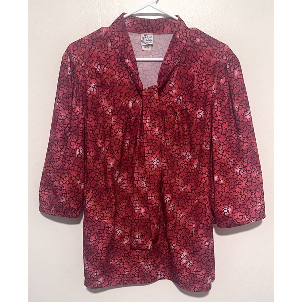 Vintage Tiger Lily Blouse Women’s 18W 1X ~ Red Black ~ Floral Leaves ~ Neck Tie